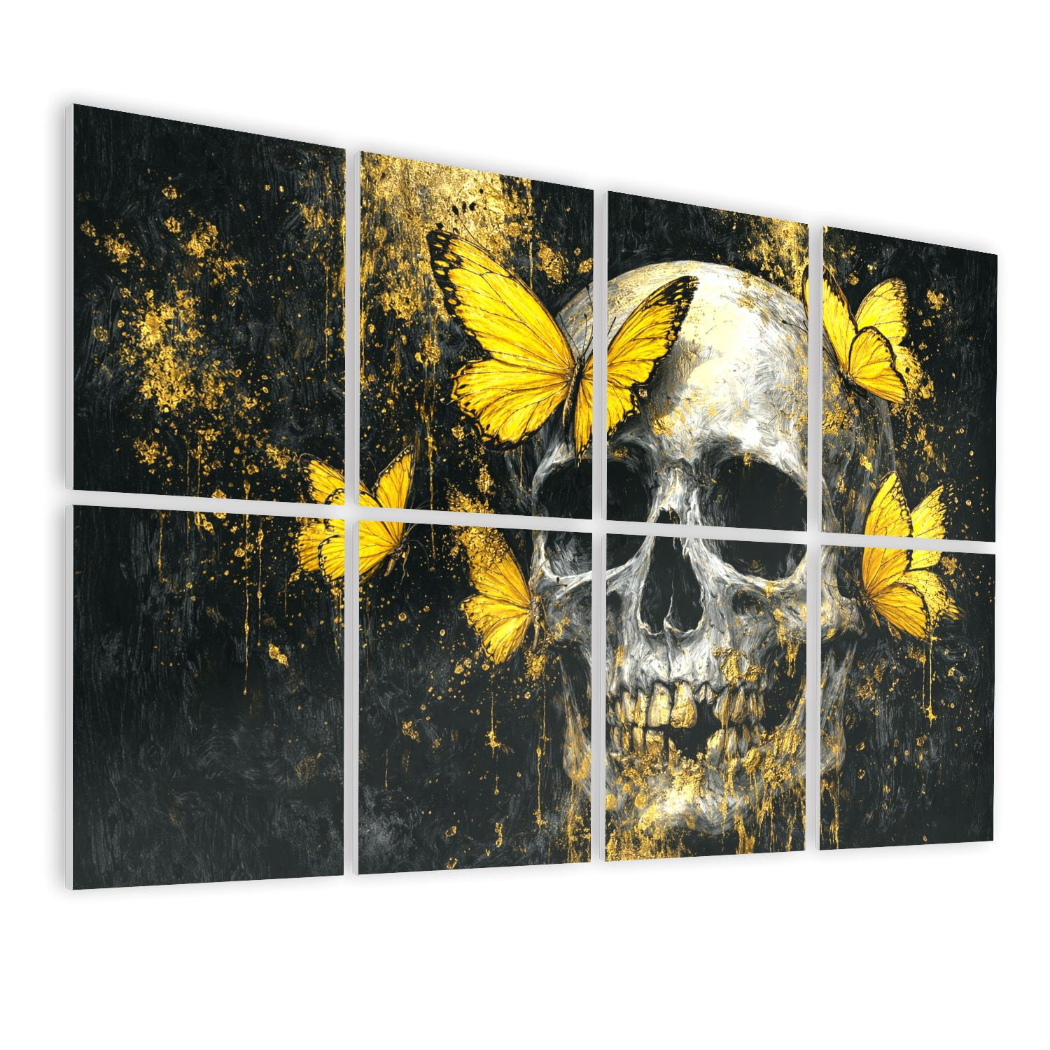 Gothic 8 Pack Art Acoustic Panels Sound Absorbing Skull Vibrant Yellow Butterflies Gold Accents Dark Decorative Soundproof Wall Panels Self Adhesive for Nursery Game Room Bedroom 48"x32"