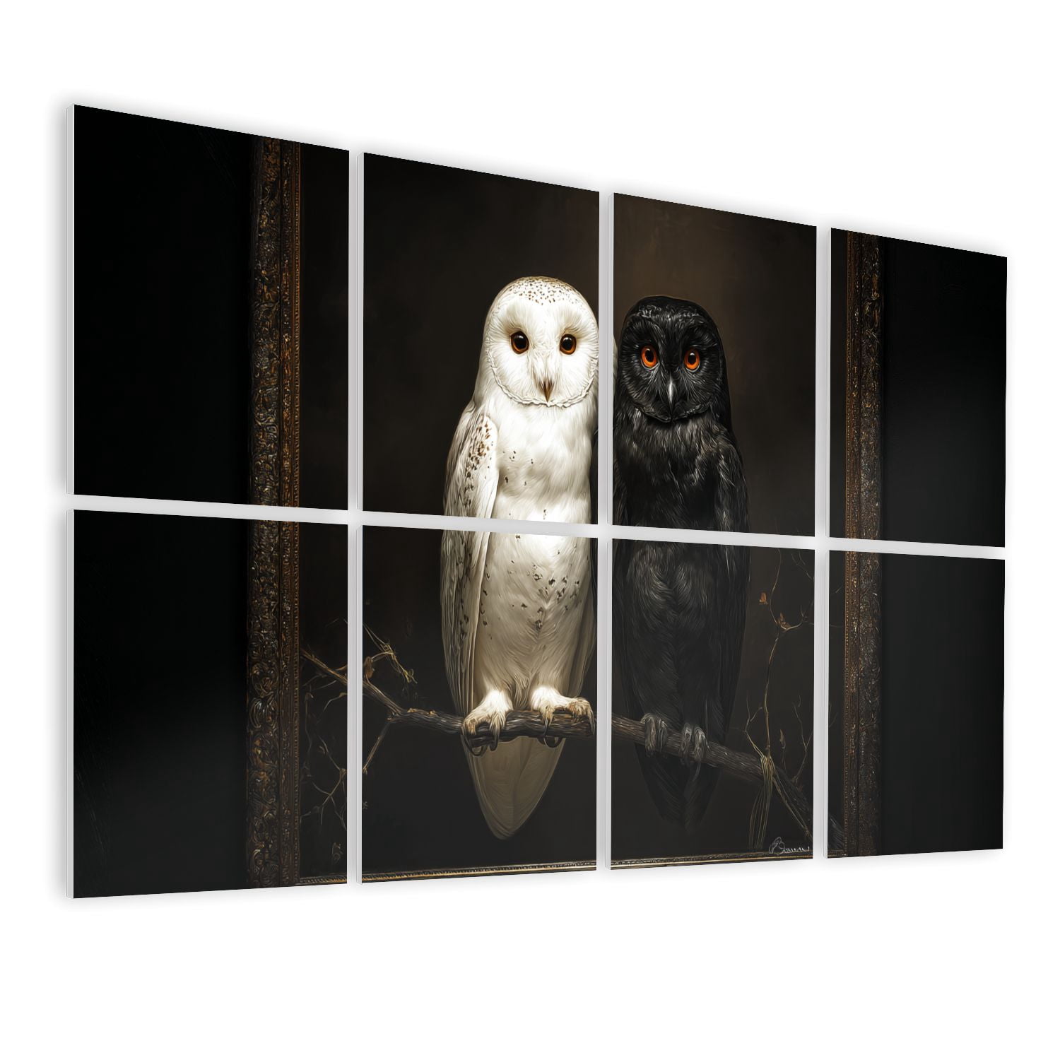 Gothic 8 Pack Art Acoustic Panels Sound Absorbing White Black Owl Pair Dark Vintage Gothic Decorative Soundproof Wall Panels Self Adhesive for Nursery Game Room Bedroom 48"x32"