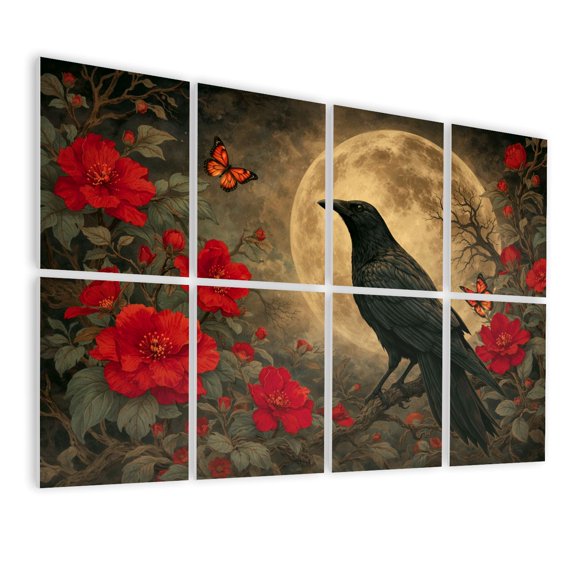 Gothic 8 Pack ArtAcoustic Panels Sound Absorbing Raven Perched Red Flowers Full Moon Decorative Soundproof Wall Panels Self Adhesive for Nursery Game Room Bedroom 48"x32"