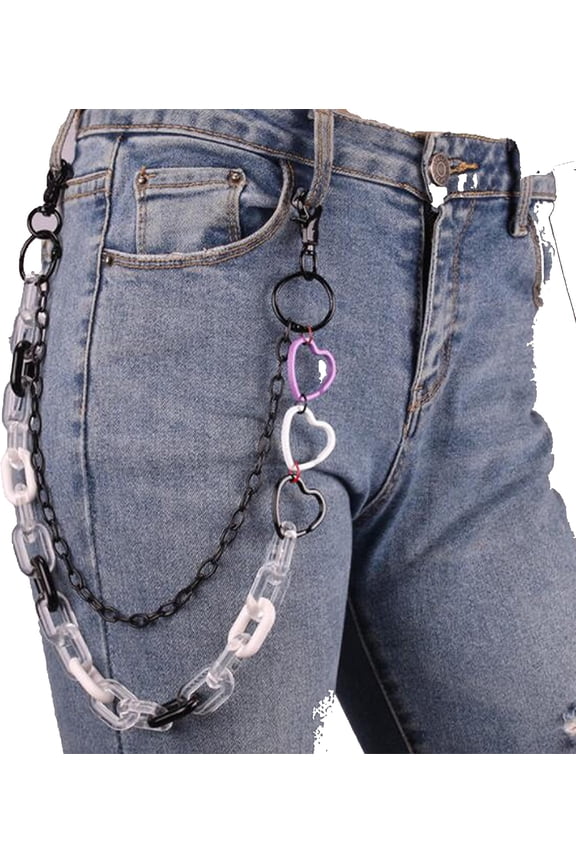 Gothic Acrylic Layered Rock Hip Hop Pants Jean Chain Heart Rings Pendant Layered Punk Trousers Chains Biker Heavy Thick Wallet Pocket Chains Silver Keychains Body Chain for Men and Women