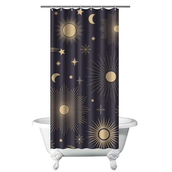 Gothic Aesthetic Shower Curtain Moon Star Celestial Print, Astrology Spiritual Cosmic Sun Night Theme, Witchy Mystical Waterproof Fabric Curtain with Hooks for Home, Dorm, RV