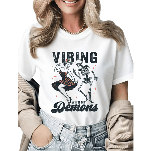 Gothic Aesthetic Vibing With My Demons Graphic Tees Womens T-shirt Black/White S-5XL Shirts Daily Casual Tops