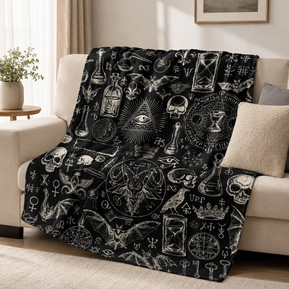 Gothic Alchemy Fleece Throw Blanket, Occult Symbol Skull Print