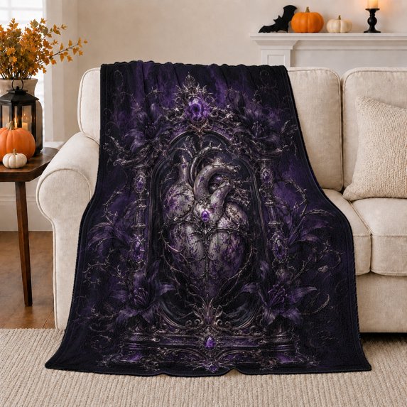 Gothic Anatomical Heart Thorn Lily and Purple Gem Art, Cozy Flannel Blanket, Home Decor for Gothic Decor Fans, Bedroom and Lounge, Halloween Gift, Dark Victorian Pattern