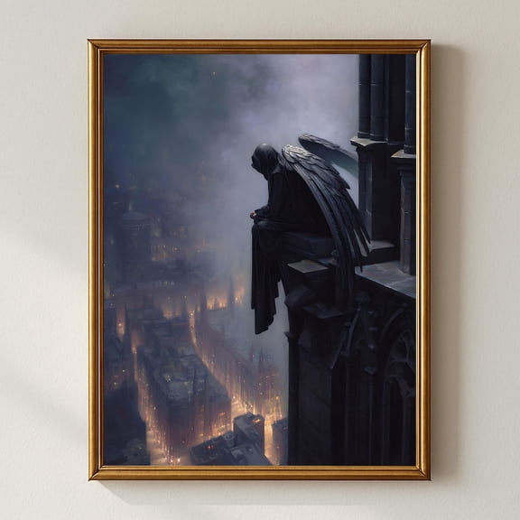 Gothic Angel Wall Art, Dark Fantasy Cityscape, Black Winged Guardian Print, Gothic Cathedral Night Artwork Home Decor #899, Unframed Poster Size 8x12
