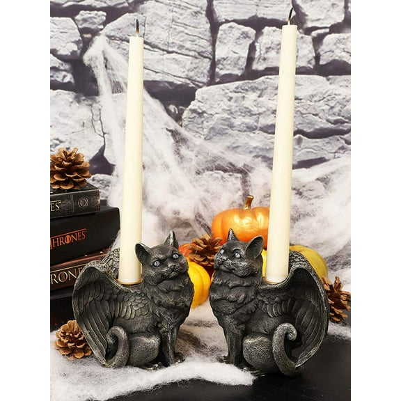 Gothic Angel Winged Cat Gargoyles Left And Right Facing Candle Holder Statue Set