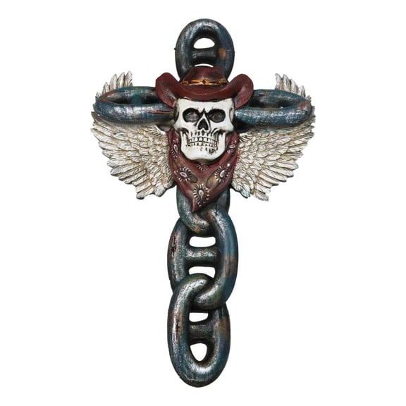 Gothic Angel Winged Cowboy Skull With Red Scarf Prison Shackle Chains Wall Cross