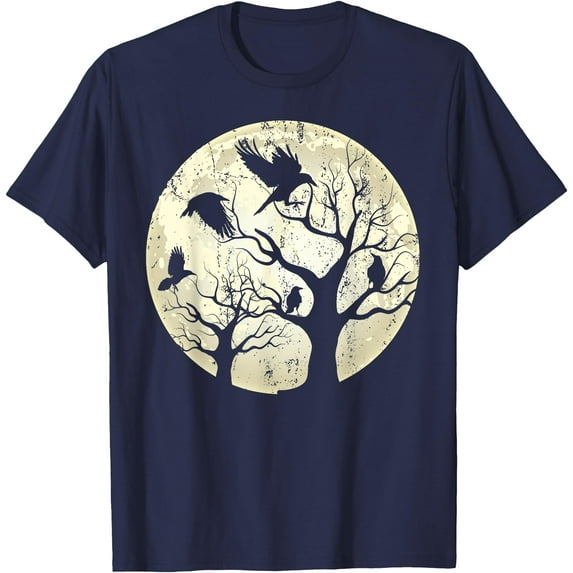 Gothic Animal Forest Bird Raven Night Moonlight Crow Softstyle Unisex T-Shirt,Navy Color,Size 5XL