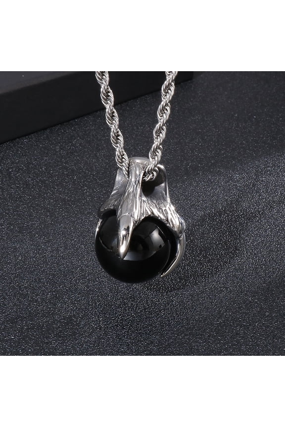 Gothic Animal Silver Color Sharp Wolf Eagle Devils Claws Black Ball Bead 14K White Gold Pendant Necklace Men Jewelry