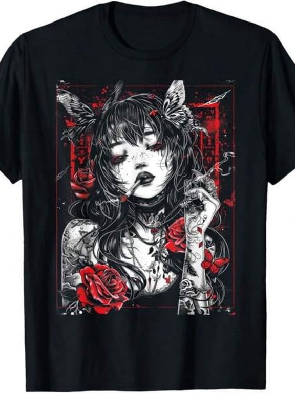 Gothic Anime Girl Rose Graphic Vintage Grunge Y2k Cotton Men's Women's T-Shirt