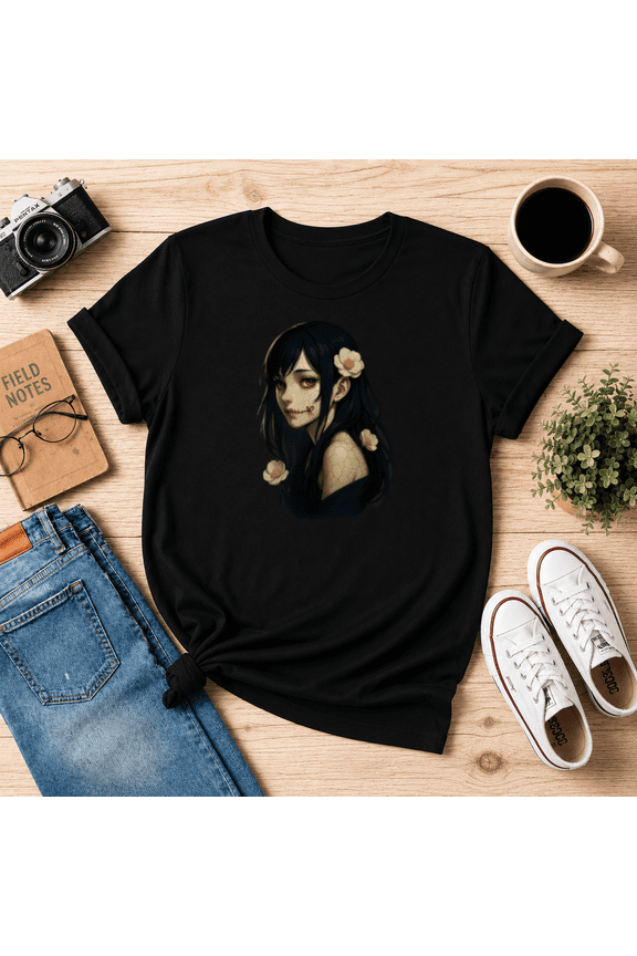 Gothic Anime Girl Stitched Mouth Unisex T-Shirt Dark Art, S-5XL
