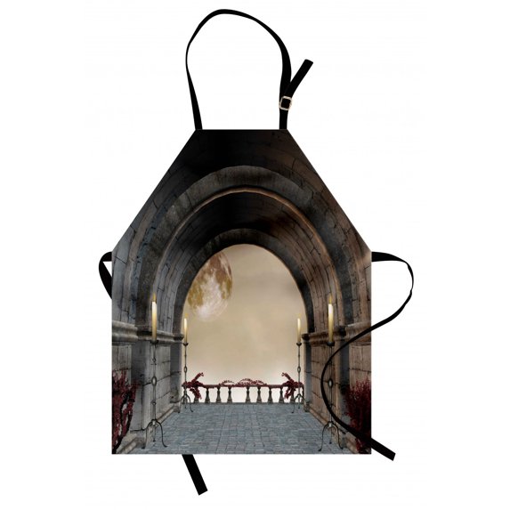 Gothic Apron Middle Age Balcony of Stone Castle with Candles Renaissance Inspired Vintage Design Print, Unisex Kitchen Bib Apron with Adjustable Neck for Cooking Baking Gardening, Grey, by Ambesonne