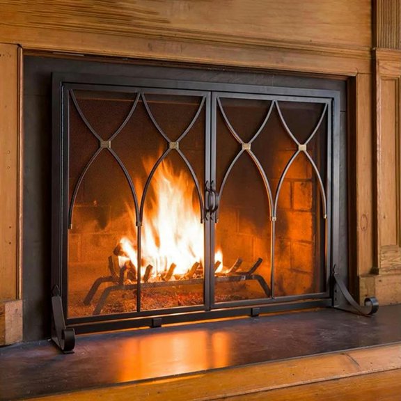 Gothic Arch 2-Door Wrought Iron Fireplace Screen with Tool Set