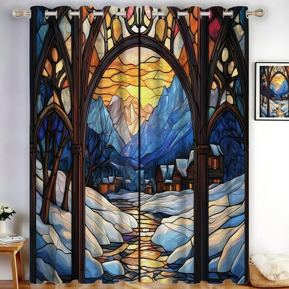 Gothic Arch Blackout Curtains Eyelet Curtains Stained Glass Windows Window Treatment Sets Privacy Light Filter Curtains For Living Room Bedroom, Blue 38"W x 54"L (Pack of 2)