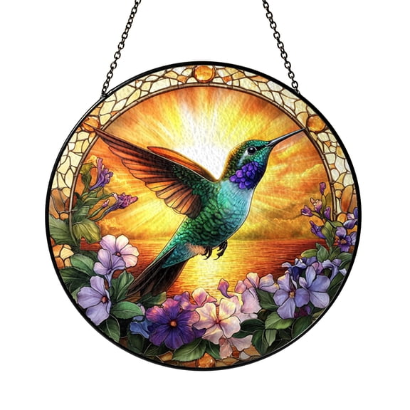 Gothic Arch Hummingbird Stained Glass Style Window Decor, Floral Hanging Decorative Art Panel