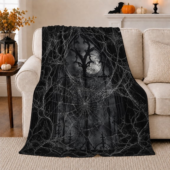 Gothic Arch Moon Scene in Dark Fantasy Style for Gothic Art Fans, Spiderweb Cemetery Window Scene, Cozy Flannel Blanket for Bedroom and Living Room, Halloween Gift, Gothic Home Decor