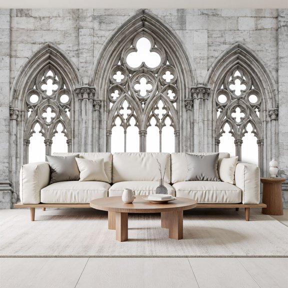 Gothic Arch Windows Wallpaper Stone Carvings historical building Peel and Stick Wall Murals 69"H x 96"W Removable PVC Wall Paper Self-Adhesive Wall Decor for Bedroom Living Room