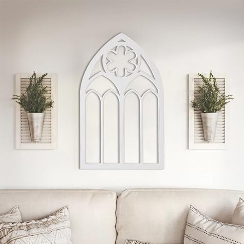 Gothic Arched Window Frame Wall Decor Living Room 20 X 33 Inch, Hanging Distressed White Wooden Rustic Cathedral Window Frame, Farmhouse Home Decor for Halloween Entryway