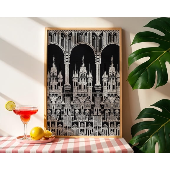 Gothic Architecture Artwork Print, Ornate Towers and Arches, Black and White Home Décor, Unframed Paper Poster 16x20in