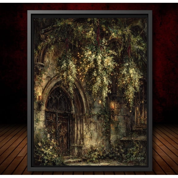 Gothic Archway With Hanging Flowers Art Poster Dark Academia Floral Architecture Wall Art, Enchanted Ruin Fantasy, Romantic Decor, Unframed Poster Size 8x12