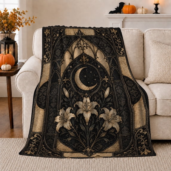 Gothic Archways Frame Crescent Moon, Mystical Celestial Art Scene, Warm Flannel Blanket for Sunroom and Reading Nook, Celestial Art Lovers Housewarming Gift, Celestial Home Decor