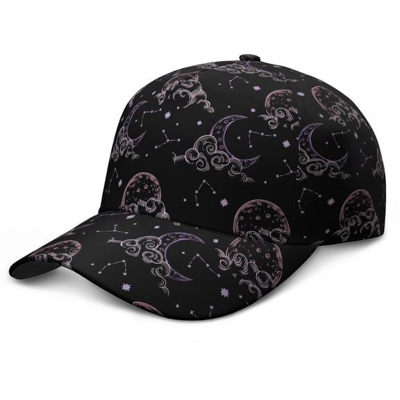 Gothic Art Baseball Cap – Lunar Starry Print Dad Hat, Adjustable Fit, Great for Summer Hiking, Gift for Goth Style Fans