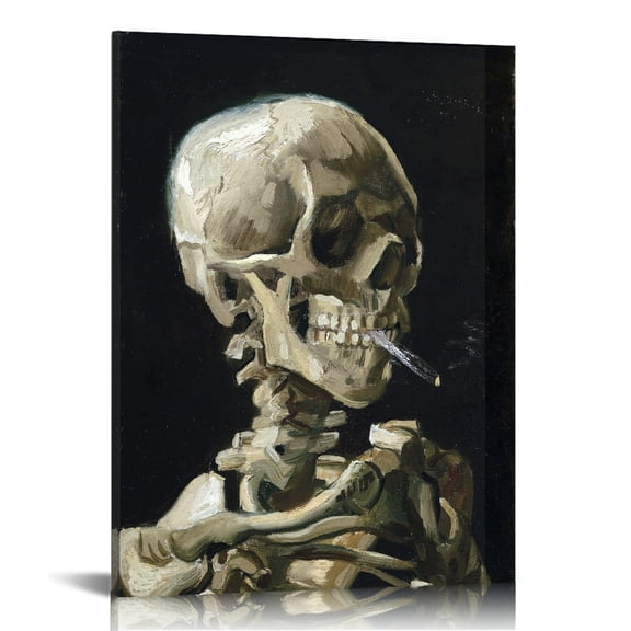 Gothic Art Skull of a Skeleton with Burning Cigarette Canvas Wall Art Print,  Academia Room Decor Goth Vintage Wall Art Prints Skull Canvas Poster Art Painting for Halloween Livingroom Bedroom Decor