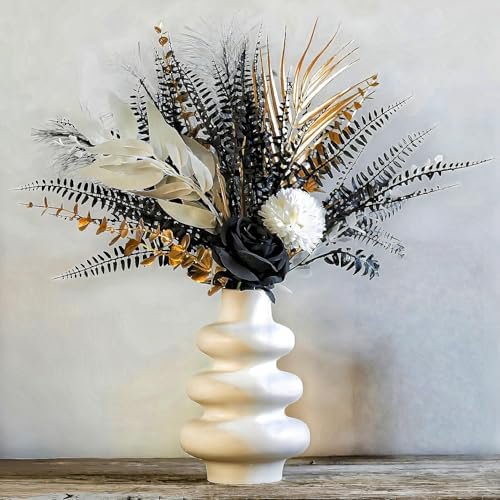Gothic Artificial Flower Bouquet, 17-Inch Black Roses With Gold Metallic Fern Leaves, 13pcs of Faux Flower Arrangements, Church Wedding Centerpieces, Home Decoration, Halloween (Vase Not Included)