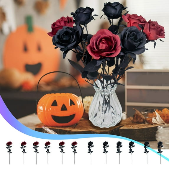 Gothic Artificial Rose Flowers | Silk Long-Stem Red & Black Roses | Halloween Party Decor | Polyester Floral Arrangement | 14.17in Stems | 6PCS Set