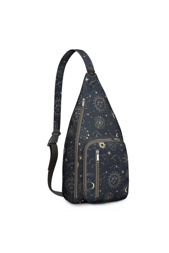 Gothic Astrology Sling Backpack - Golden Zodiac Symbols Print Crossbody Bag, USB Port for Tech Essentials