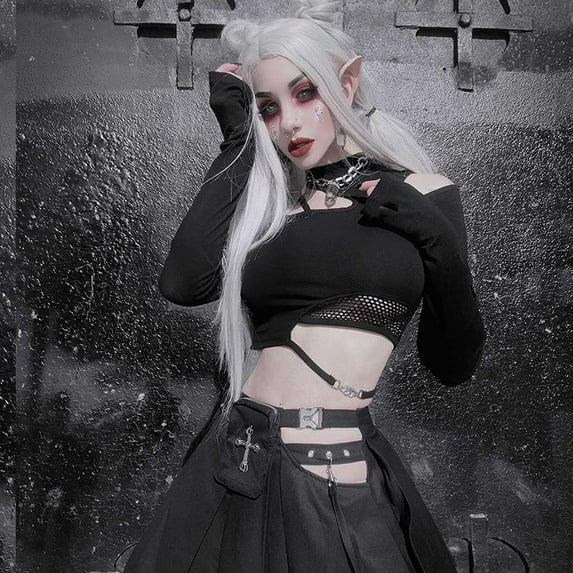 Gothic Asymmetrical One Shoulder Cut Out Tee Top Women's Long Sleeve Mesh Stitching Slim Fit Crop Top Y2k E-Girl T-Shirt