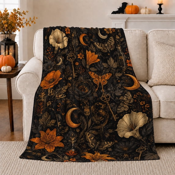 Gothic Autumnal Floral Moths Potion Bottles, Cozy Friendship Quote Scene, Warm Flannel Blanket for Living Room and Reading Nook, Art Lovers Friendship Gift, Artistic Home Decor