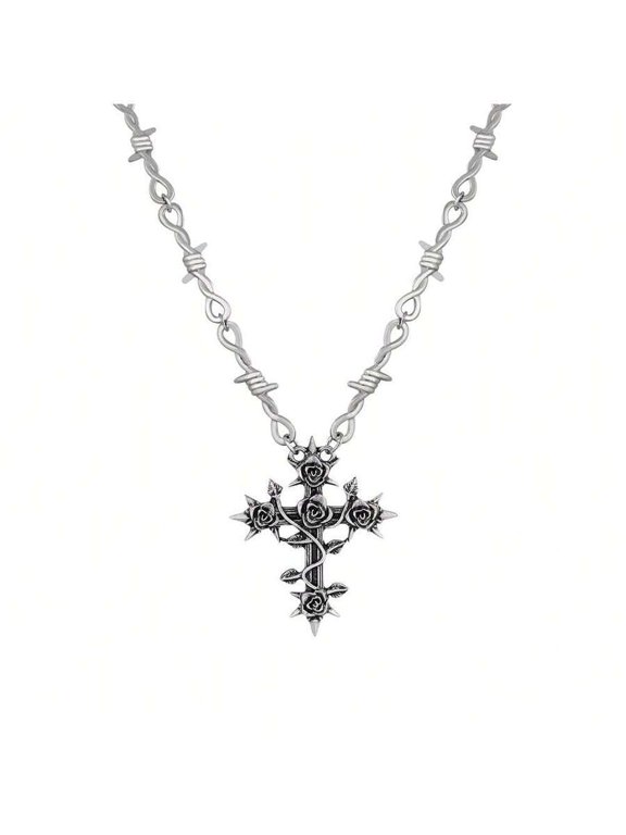 Gothic Barbed Wire Cross Rose Pendant Necklace S04 Silvertone Punk Fashion