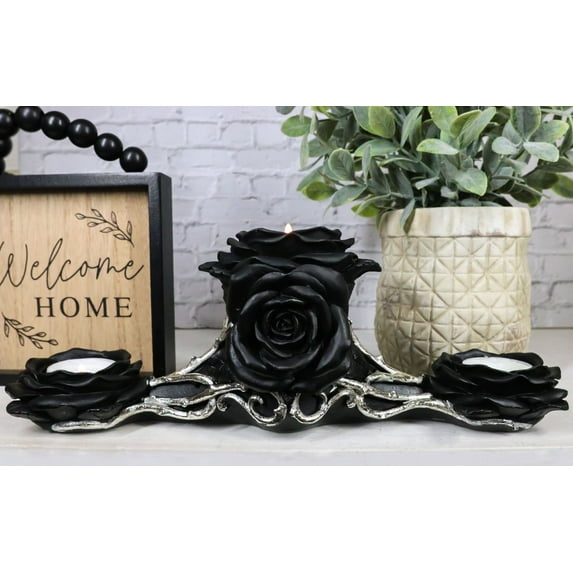 Gothic Baroque Victorian Black Roses Triple Votive Candle Holder Figurine
