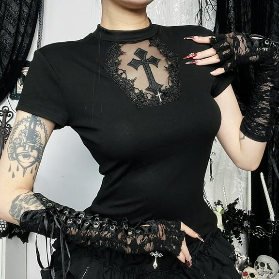 Gothic Basic T-shirt Women Cyber Punk Aesthetic Cross Mesh Patchwork See Through Short Sleeve O-neck Crop Tee Tops