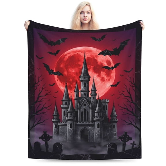 Gothic Bat Blanket, Horror Castle Flannel Throw Blanket, Super Soft Cozy Warm Blanket for Sofa, Couch, Bed, Dark Aesthetic Halloween Home Decor Gift 50x40