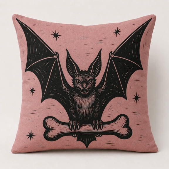 Gothic Bat & Bone Throw Pillow Cover, Black Vampire Bat Print on Dusty Pink, Halloween Home Decor Cushion Cover (Cover Only)