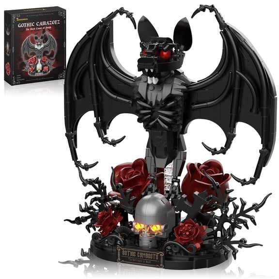Gothic Bat Building Blocks Set with Light Up Skull Rose Base, 598 PCS Horror Skeleton Bat Kits with Cross & Flowers, Holiday Decor Gift for Kids 8+