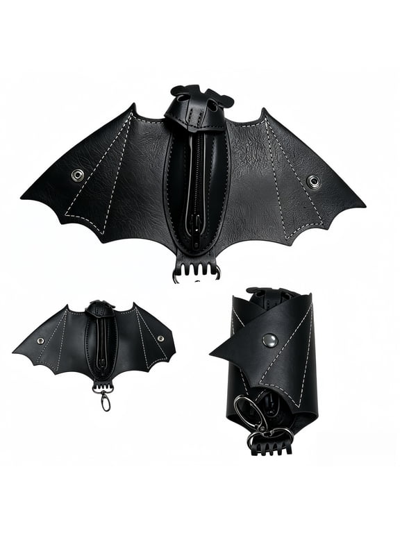 Gothic Bat Coin Purse, Foldable Leather Wallet for Belt & Backpack Black