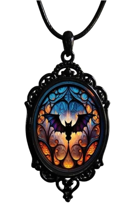 Gothic Bat Glass Pendant Necklace for Women, Vintage Gothic Rope Chain, Witch Bat Choker, Dark Punk Style Necklace, Victoria Emboss Necklace Mystic Witch Jewelry Accessories
