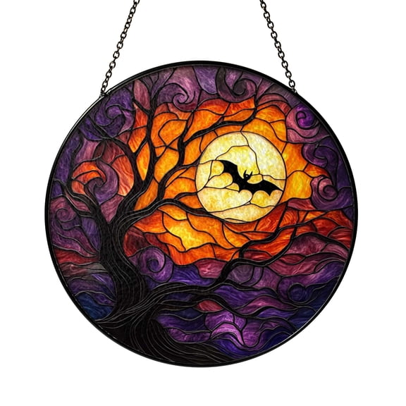 Gothic Bat Moon Stained Glass Style Suncatcher Window Hanging Ornament, Round Glass Art Panel for Halloween Window Decor, Spooky Night Decoration Gift