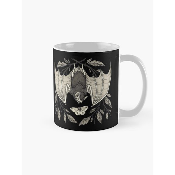Gothic Bat, Moth and Botanical Leaves Black, Cream and Gray 11oz Ceramic Coffee Mug, Full-Wrap Artwork