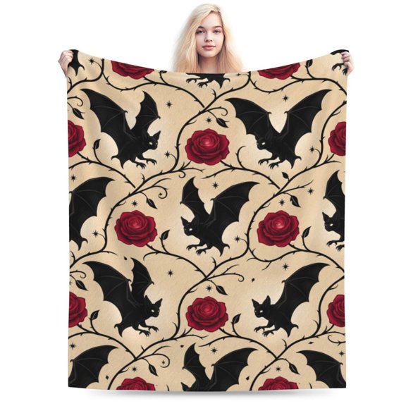 Gothic Bat Rose Blanket, Halloween Flannel Throw Blanket, Soft Cozy Blanket for Sofa, Couch, Bed, Dark Aesthetic Bedroom Decor Gift 50x40