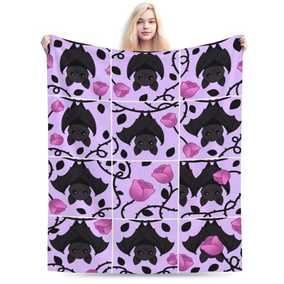Gothic Bat Rose Blanket, Halloween Flannel Throw Blanket, Soft Cozy Blanket for Sofa, Couch, Bed, Dark Aesthetic Bedroom Decor Gift 50x40