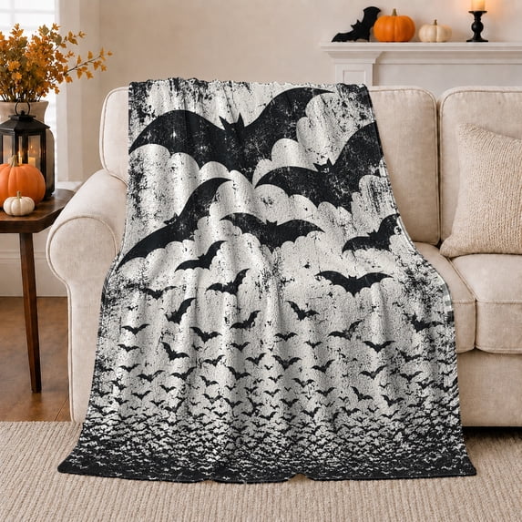 Gothic Bat Silhouettes Cascading Grunge Texture Background Spooky, Festive Halloween Scene, Warm Flannel Blanket for Living Room and Family Room, Art Lovers Halloween Gift, Festive Home Decor