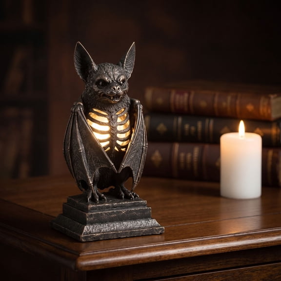 Gothic Bat Skeleton Light-Up Figurine, 7.87 in Molded Halloween Tabletop Decor for Mantel and Shelf, 1 Count