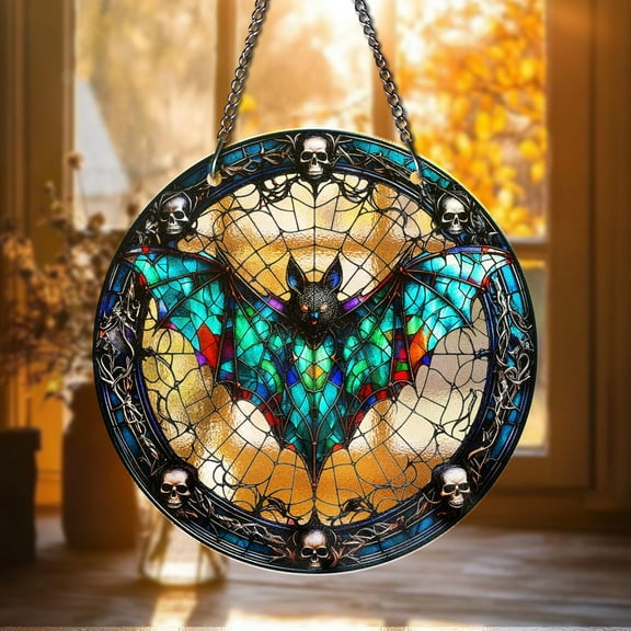 Gothic Bat Stained Glass Suncatcher Ã¢â‚¬â€œ Colorful Gothic Window Hanging with Skulls, Spooky Halloween Bat Decor for Home or Gift