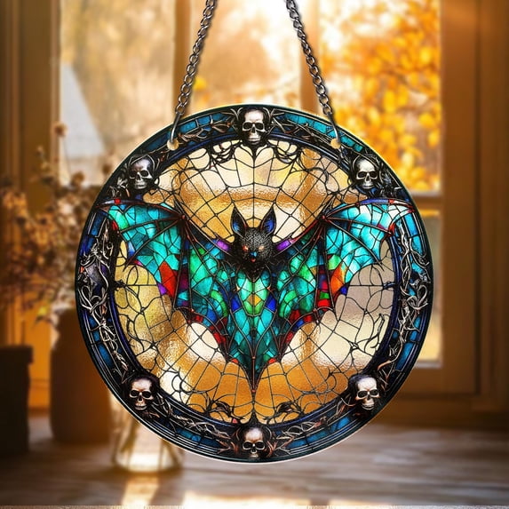Gothic Bat Stained Glass Suncatcher – Colorful Gothic Window Hanging with Skulls, Spooky Halloween Bat Decor for Home or Gift