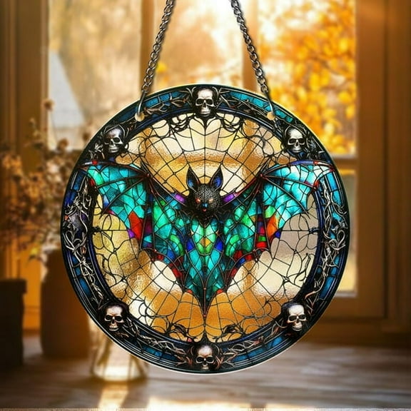 Gothic Bat Stained Glass Suncatcher Colorful Gothic Window Hanging with Skulls, Spooky Halloween Bat Decor for Home or Gift