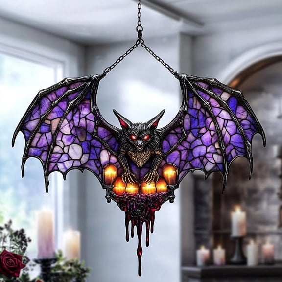 Gothic Bat Wavy Acrylic Suncatcher Window Hanging - Faux Wavy Acrylic Halloween Decor With Candles And Vampire Wings For Spooky Home Gift